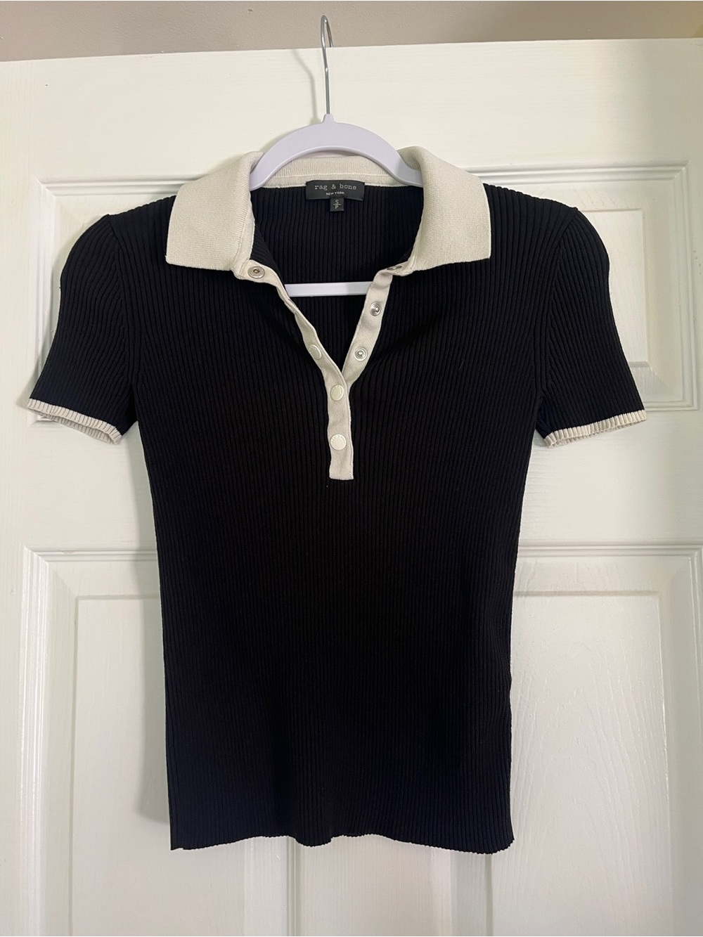 rag & bone Black Ribbed Polo with Cream Trim